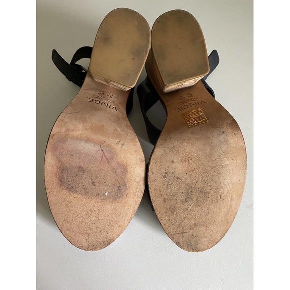 Vince Haley Sandal Black Leather Open Toe Two Strap Ankle Buckle Wood He… - Picture 9 of 11